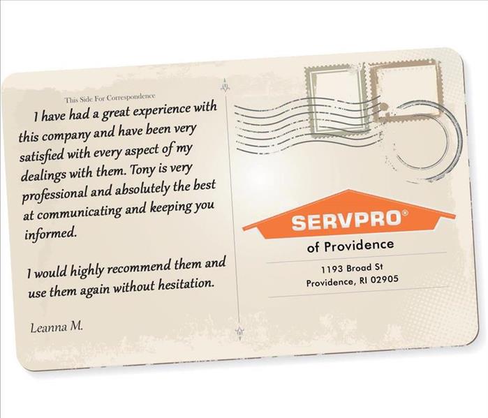 A postcard graphic with a review written on it