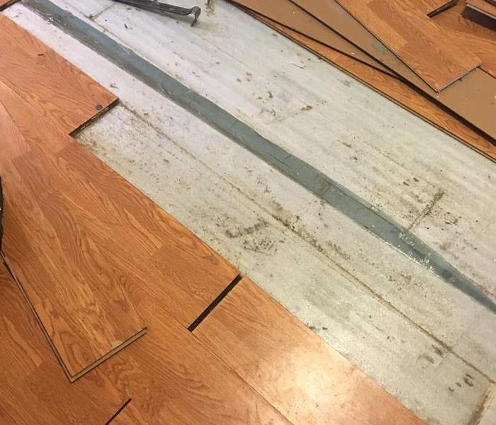 Hardwood flooring removed exposing the subfloor
